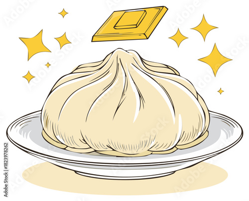 Golden ingot floating above a delicious steamed Asian dumpling on a plate with sparkling effect