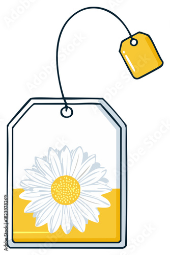 Chamomile tea bag with daisy, beverage, healthy herbal infusion