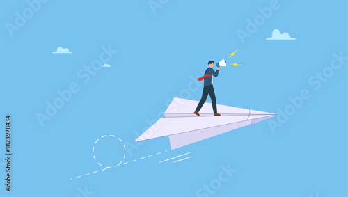 Businessman on origami airplane shouting or announce message on megaphone. Communication, announcement or marketing message, loud speaker promotion notice or communicate important information.