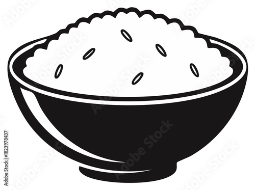 Bowl of cooked white rice with grains, graphic vector.