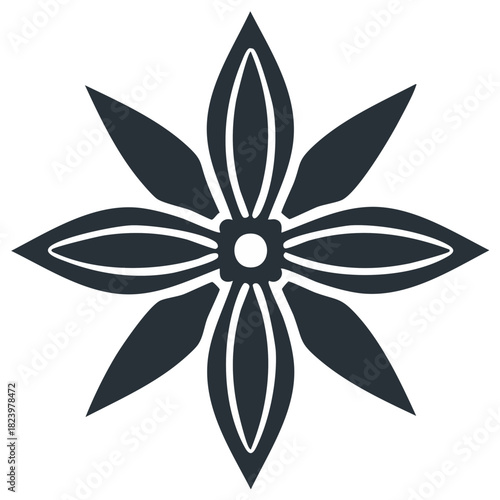 Dark gray star anise spice icon with eight symmetrical petals and a central dot
