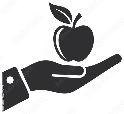 Stylized hand holding a fresh apple icon symbolizing healthy nutrition and organic food choice