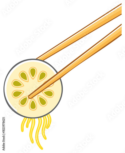Chopsticks lifting a lotus root slice with noodles vector illustration