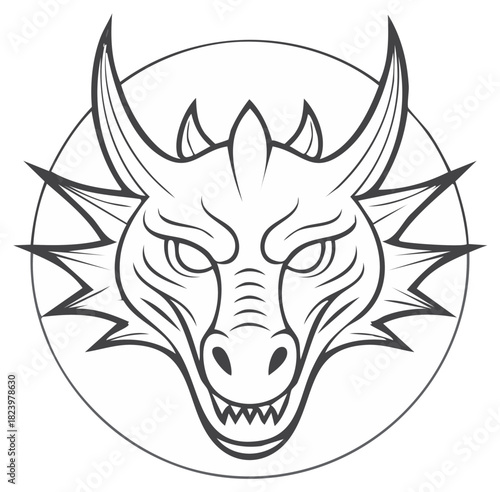 Fierce Mythical Dragon Head Line Art Illustration with Horns in Circular Frame