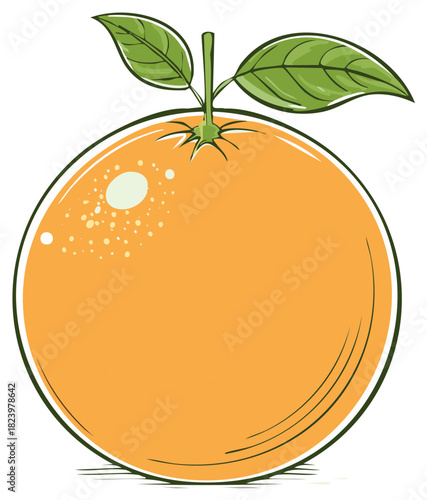 Cartoon illustration of a fresh orange fruit with leaves