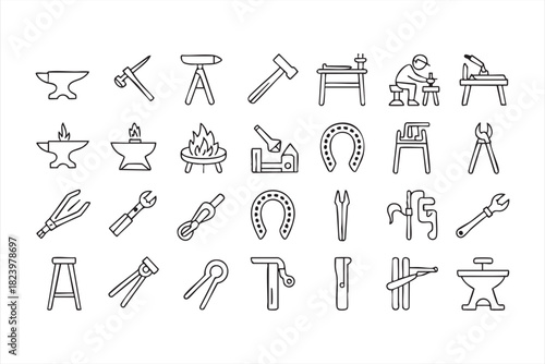 Metalworking hammer and tongs icon collection for industrial use