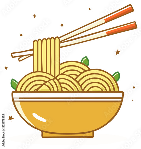Stylized Noodles in Bowl with Chopsticks Food Illustration Fresh Tasty Dish Icon Minimalist Line Art Cuisine Noodles