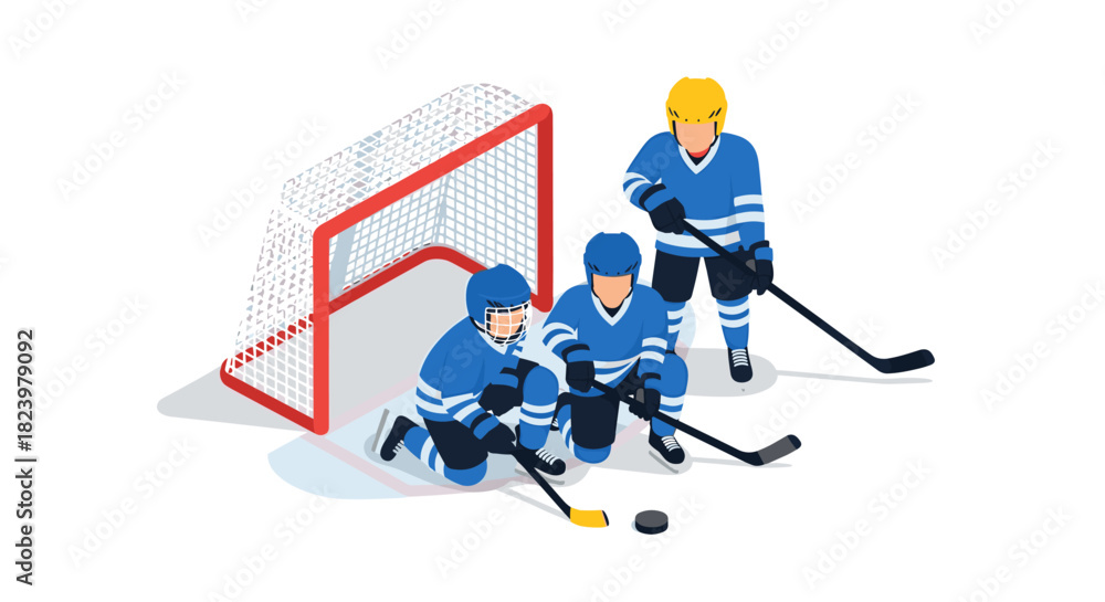 Obraz premium Ice hockey team players in blue jerseys with sticks and goal net in sports illustration for game strategy concepts
