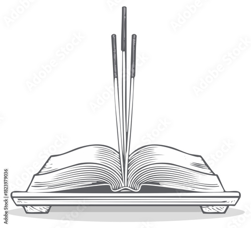 Open book with incense sticks emitting smoke in artistic line drawing style