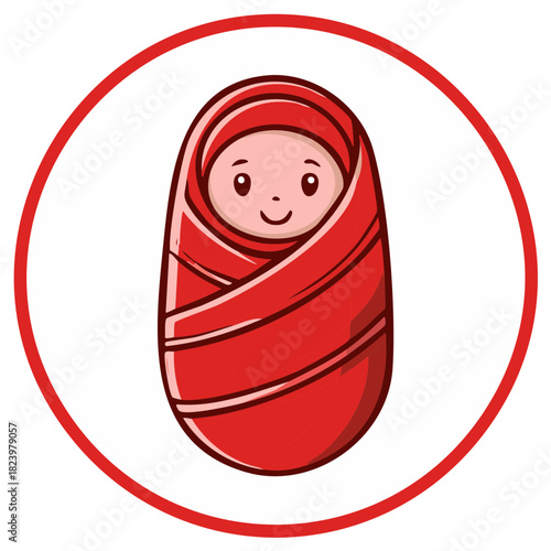 Happy newborn infant wrapped in red swaddle blanket cute cartoon character vector graphic sign