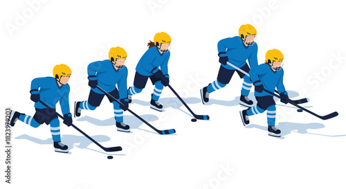 Ice hockey team in blue: youth players charging with sticks and helmets for sports design and print