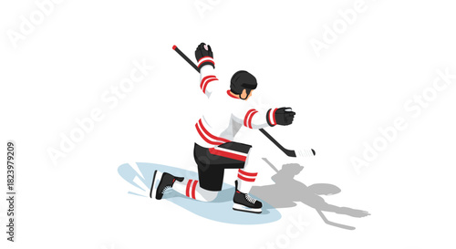 Ice hockey player celebrating goal with stick raised on skating rink