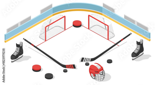 Isometric hockey rink equipment with sticks, pucks, and goals for sports design