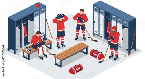 Ice hockey locker room scene with players preparing for game in team uniforms