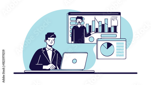 Professional 2d illustration of an it team diligently monitoring data and systems on multiple computer screens in a modern office environment