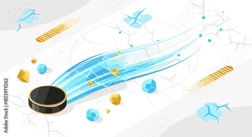 Dynamic ice hockey scene with flying puck and cracked ice effect for sports poster or card design