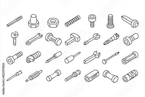 Isometric hardware fastener icon set for construction and engineering