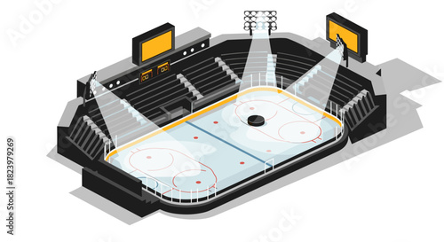 Isometric ice hockey arena with lighting and spectator seats for sports design and event promotion