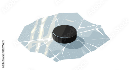 Hockey puck on cracked ice surface with light reflections for sports design and winter themes