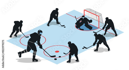 Ice hockey match with players and goalie on rink for sports design illustrations