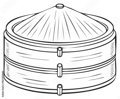 Traditional stacked bamboo food steamer with conical lid for cooking Asian cuisine illustration