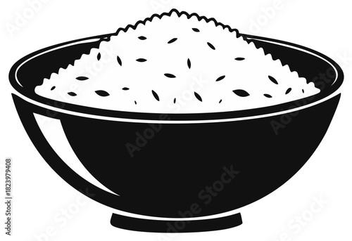 A Full Bowl of Rice Black and White Isolated Illustration Asian Food Staple Grain