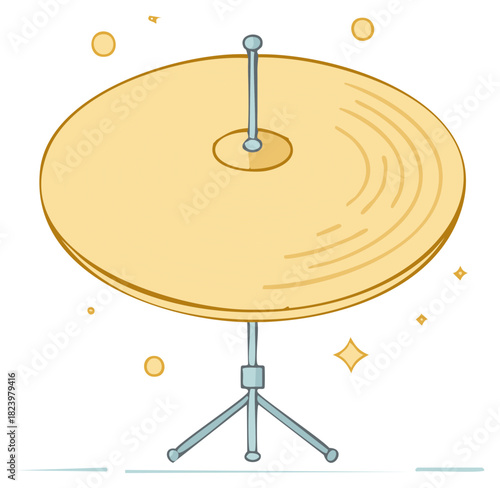 Shiny golden drum cymbal on a stand cartoon style illustration