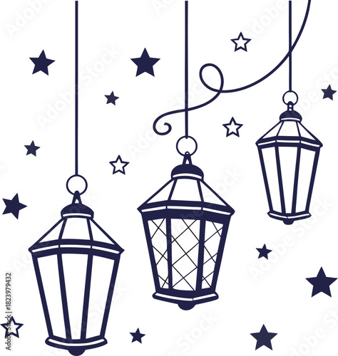 Hanging decorative lanterns with stars illustration outline, dark blue on black