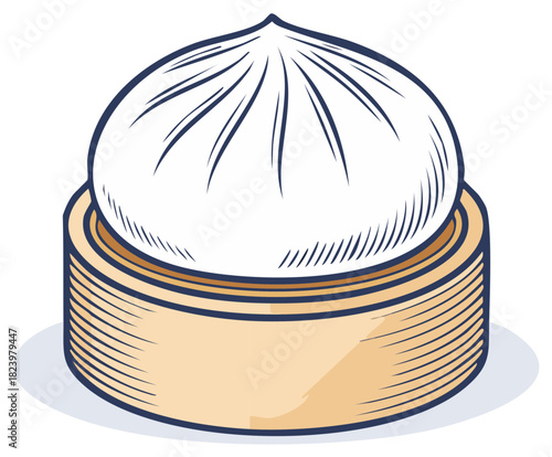 Vector illustration of a steamed dumpling in a bamboo steamer.