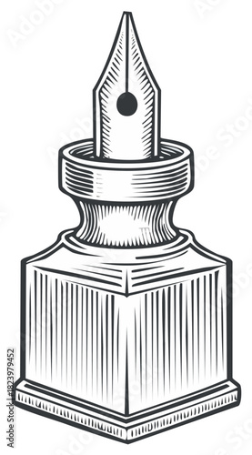 Vintage Inkwell With Quill Pen Engraving Style Line Art Illustration