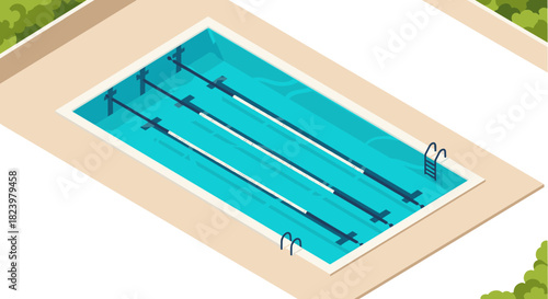 Isometric view of outdoor swimming pool with lanes for fitness and recreation design