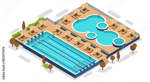 Isometric illustration of outdoor swimming pools with lounge chairs and umbrellas for recreation and design projects