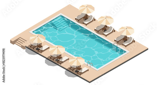 Isometric swimming pool scene with umbrellas and lounge chairs for summer design projects