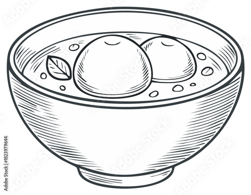 Bowl of soup with dumplings and herbal garnish illustration
