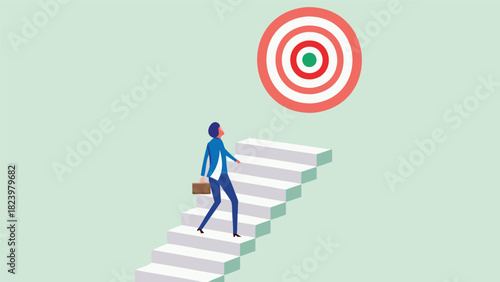 Abstract illustration of a solitary figure ascending a dynamic upward path rendered with a vibrant cmyk color palette and clean typography