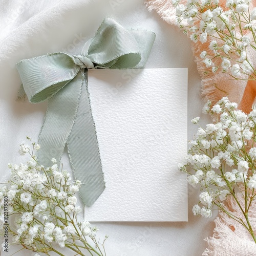 Square card w/ ribbon, baby's breath, and soft textiles
