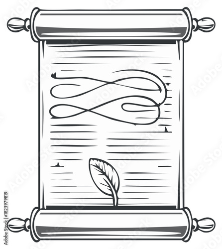 Antique parchment scroll with ancient text, calligraphic flourish, and a leaf in a vintage line art style
