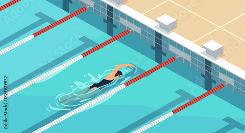 Competitive swimming pool illustration featuring swimmer in lane for sports or fitness concept design