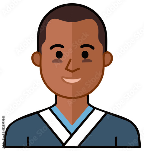 Illustrated portrait of a man with a smiling face, brown skin, wearing a uniform