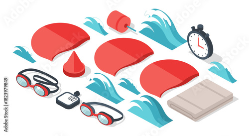 Swimming equipment and wave design elements for sports and fitness themes