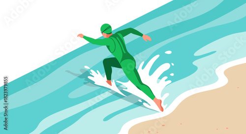 Illustration of a surfer riding the waves in green wetsuit for summer adventure design