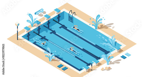 Isometric swimming pool scene with lanes and swimmers for summer recreation design