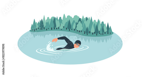 Open water swimming adventure in tranquil lake surrounded by forest for music festival poster design