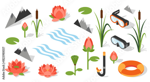 Outdoor adventure elements for summer water activities and nature exploration design