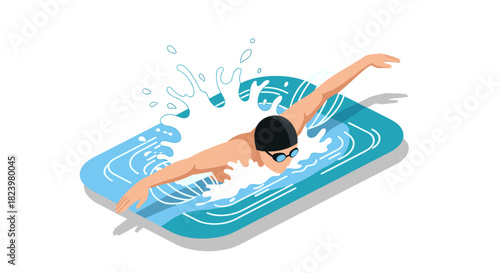Swimming competition concept with athlete in pool illustrating strokes and splashes for sports design