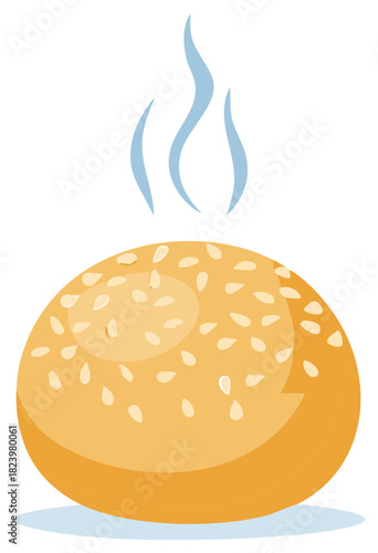 Delicious hot sesame seed bun with steam rising, a freshly baked bread roll vector graphic illustration