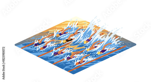 Competitive swimming race illustration with dynamic water splashes in swimming pool