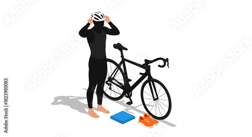 Preparing for a cycling adventure - athletic man in gear with bike and accessories