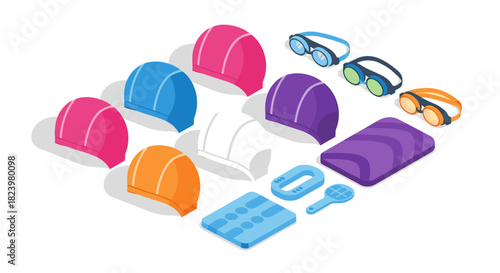 Swimming gear collection with goggles, caps, and training accessories for water sports enthusiasts