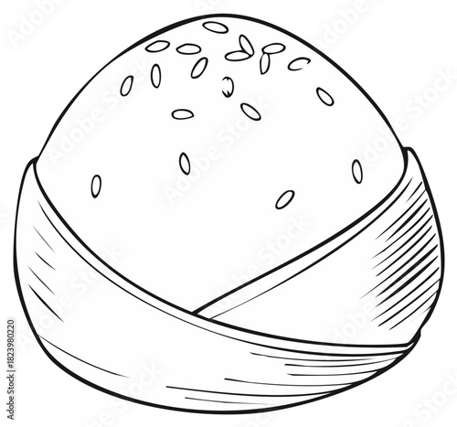 Rice Ball Sketch with Seaweed and Sesame Seeds Isolated Black and White